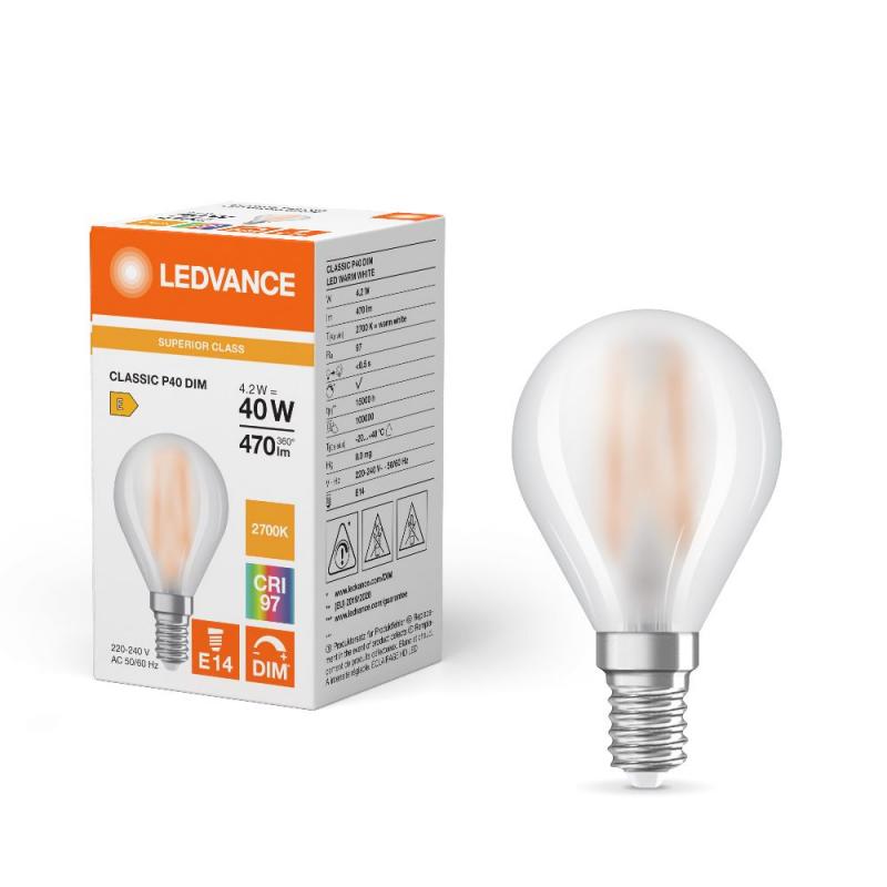 Ledvance E14 LED Tropfenlampe Classic matt dimmbar 4,2W wie 40W 2700K warmweißes Licht hohe Farbwiedergabe CRI97